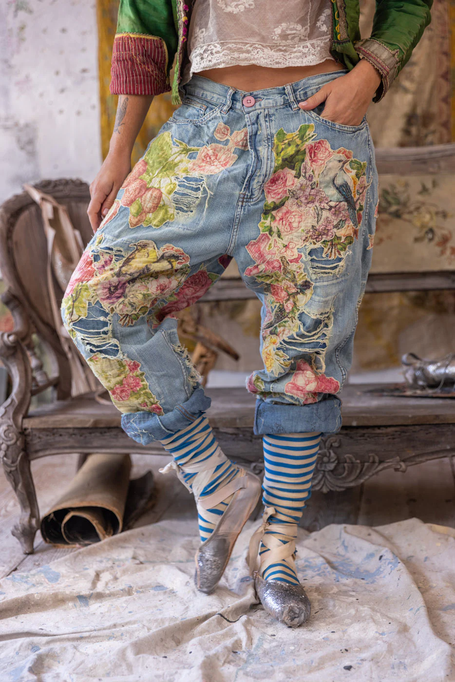 Floral Appliqué Miner Denims - Image 2